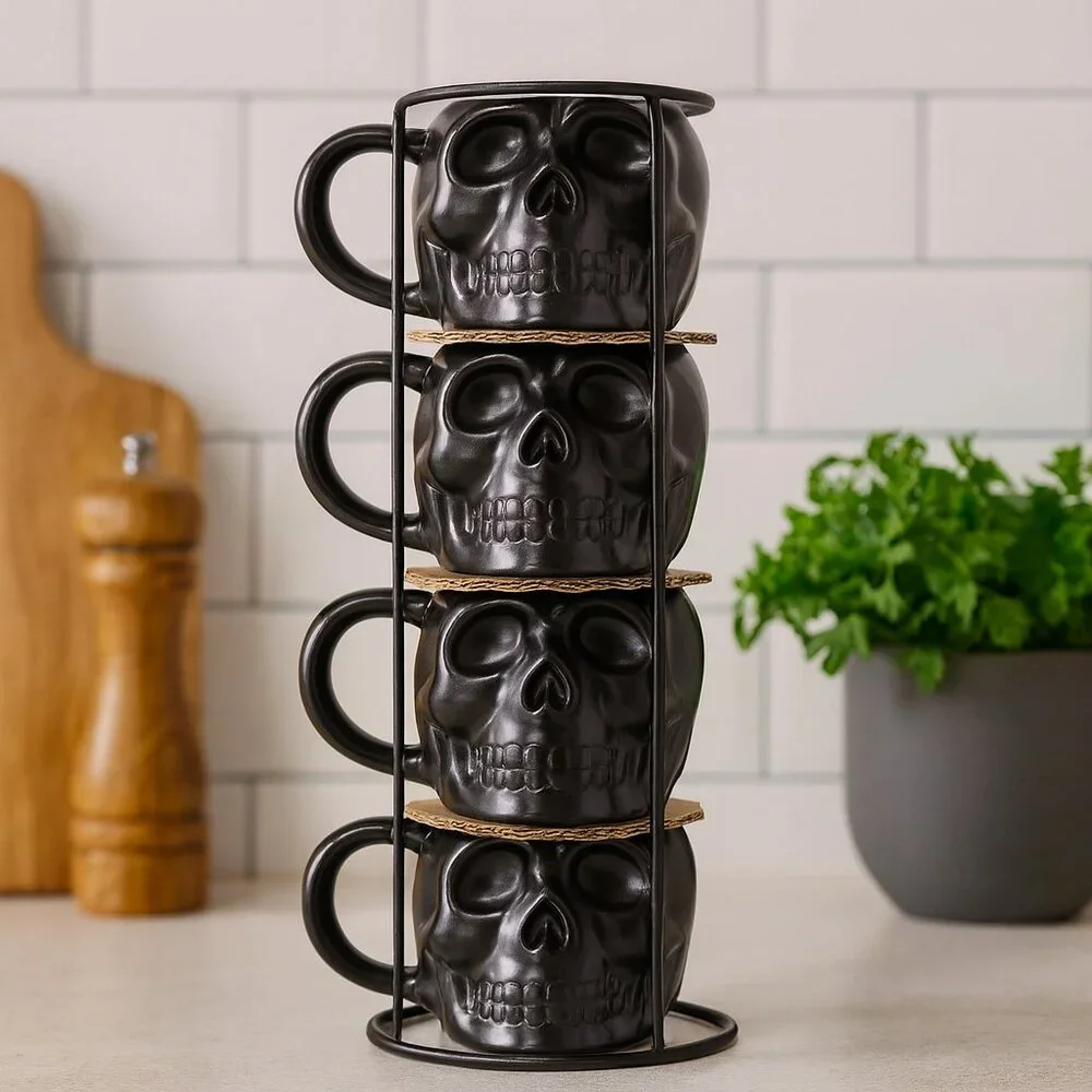 NEW Skull Mug Set of 4 Stackable Mugs Dia De Los Muertos Skulls Halloween Stonew